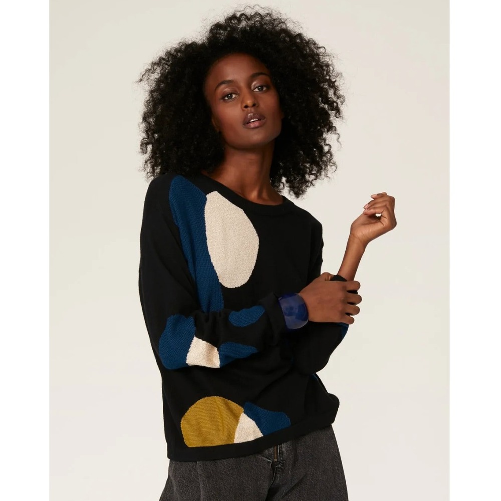 ELK Poppy Sweater Black Abstract Print Long Sleeve Knit Pullover Sz 4 US